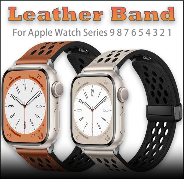 Sangle en cuir magnétique pour Apple Watch Ultra 2 Band 49 mm 44 mm 40mm 45 mm 41 mm 38 mm Bracelet en silicone en cuir Iwatch Series 9 8 7 6 5 4 SE