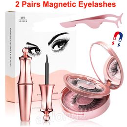 Eyeliner liquide magnétique et cils avec pince à miroir de maquillage 2 paires kit de faux cils 3D 5 cils magnétiques pas de colle nécessaire cils réutilisables