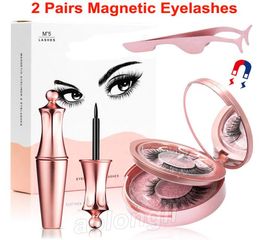 Eye-liner liquide magnétique et cils avec du miroir de maquillage pinceau 2 paires 3d faux cils kit 5 aimants lashs pas de colle nécessaire R1628777