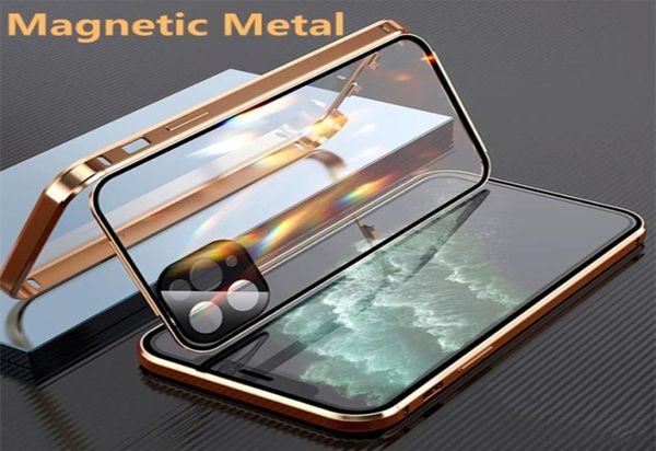 Magnetic Metal 360 Cajones para iPhone 11Pro Case 12 13 PRO XS MAX XR X Cámaras Protección de lentes Magnet Armor de vidrio de doble cara.