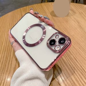 Magnetische telefoonhoesjes voor iPhone 15 Plus 14 Pro MAX 13 12 11 Bling cameralensbeschermer Zacht verchroomd TPU Helder schokbestendig Hit Color Fijn gat Magneet Telefoonhuid