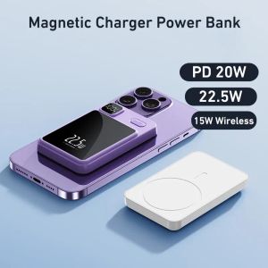 Banque d'alimentation magnétique 5000mAh PD 22.5W, charge rapide, pour Samsung Xiaomi Huawei iPhone 15 14 13 12 11 15W, chargeur sans fil