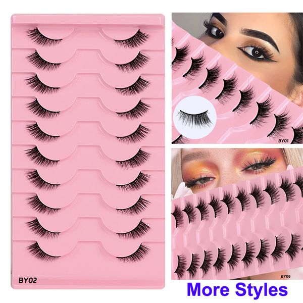 Faux cils demi-cils oeil de chat 3D faux cils de vison frisant 10 mm volume court vaporeux aspect naturel cils bande transparente 10 paires/ensemble