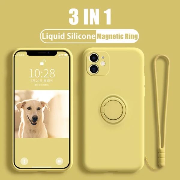 Funda de teléfono de silicona líquida con soporte de anillo para iPhone 15 14 13 12 11 Pro Mini XS Max X XR 7 8 Plus SE Funda a prueba de golpes Color caramelo con correa de mano