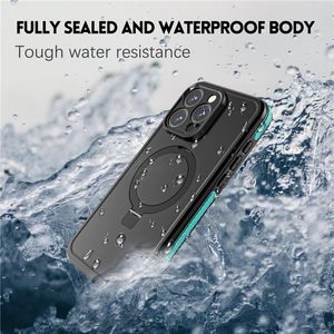 Étui de téléphone magnétique étanche pour l'iPhone 15 Pro Max 5G Sports extérieurs Lonyard Full Protective Roldable Bracket Shell Heavy Duty Posting Wireless Charging