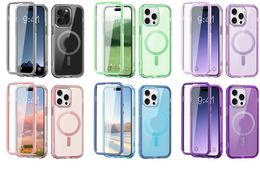 Étuis de chargement sans fil magnétiques pour iPhone 15 Plus 14 Pro Max 13 12 11 Samsung S24 Ultra 2in1 Bling Clear Transparent Plastique dur PC Soft TPU Fashion Couverture antichoc