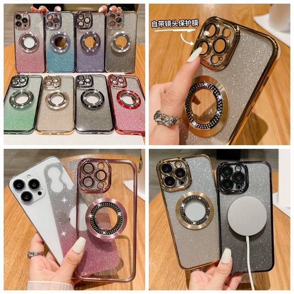 Cajas cromadas de carga inalámbrica magnética para iPhone 15 14 Plus 13 Pro Max 12 11 Luxury Soft TPU Sparkle CD Bling Diamond Gradient Plating Glitter Lente Protector Cubiertas