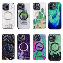 magnetisch draadloos opladen druipende lijm hoesjes voor iphone 14 pro max 13 12 iphone14 plus zachte tpu berg marmer bloem magneet slimme mobiele telefoon achterkant huid