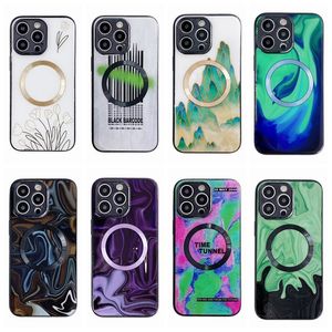 magnetisch draadloos opladen druipende lijm hoesjes voor iphone 14 pro max 13 12 iphone14 plus zachte tpu berg marmer bloem magneet slimme mobiele telefoon achterkant huid