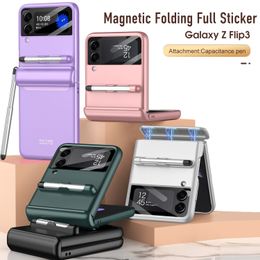 Magnetisch met Pen Cases voor Samsung Galaxy Z Flip3 Flip 3 5G Case Scharnier Camera Hole Glas Filmbescherming Harde Cover