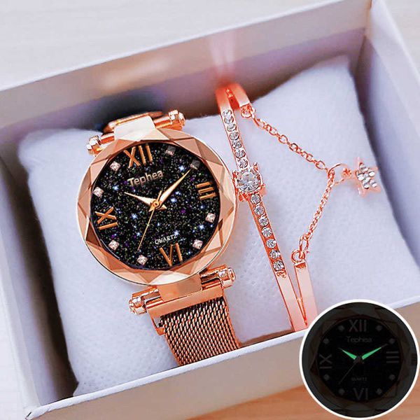 Montre magnétique pour femmes, ensemble de montres ciel étoilé pour dames, avec boîte de bracelet, Relogio Feminino Reloj Mujer Rose Gold 210616