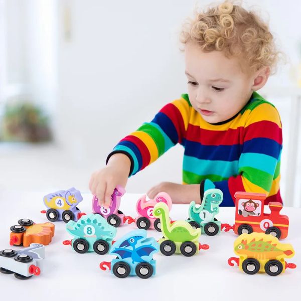 Dinosaurios de madera magnética Juego de trenes de 11 piezas de madera Aprendizaje de juguetes de madera con números Tren de color para niños 2-5 Montessori Toys