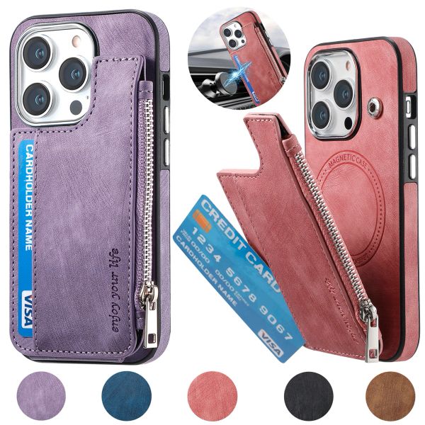Case de cuero de billetera con cremallera magnética para iPhone 15 14 Pro Max 13 12 para la carga inalámbrica Magsafe Cajones de teléfono Rfid Blogal de la tarjeta de bloqueo Bolsa de la billetera