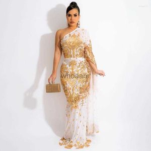 MagnificentCasual Femme Robe Broderie Paillettes Maille Femmes Sexy Une Épaule À Manches Longues Etage Longueur Robe De Soirée Femme Longue Robe S-3XL HKD230912