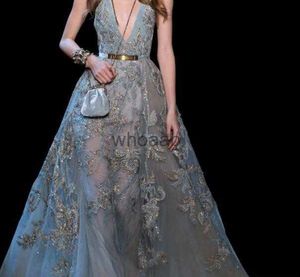 MagnificentElegant Elie Saab Tenue de soirée Col plongeant Robe formelle en dentelle Illusion Corsage Longueur au sol Une ligne Robe de tapis rouge à paillettes HKD230912