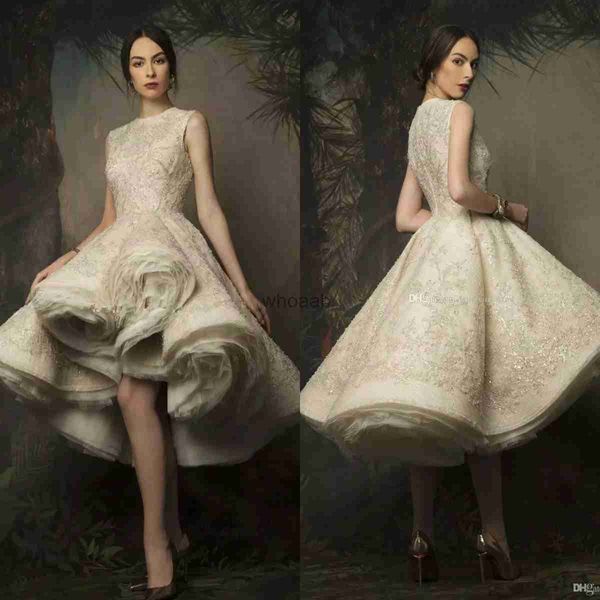 Magnífico vestido de fiesta alto y bajo Ropa de noche 2019 Krikor Jabotian Escote joya Sin mangas Hasta la rodilla Vestidos de fiesta de encaje con lentejuelas y perlas HKD230912