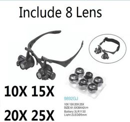 Loupe 10X 15X 20X 25X oeil bijoux montre réparation Loupe lunettes avec 2 lumières LED et 8 lentilles nouveau Microscope 8768304