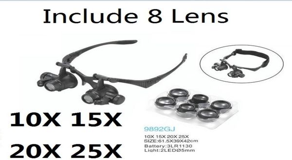 Gagnizal loupe 10x 15x 20x 25x Eye Jewelry Repair Repair Maginer Lunes avec 2 lumières LED et 8 lentilles New Loupe Microscope2601110