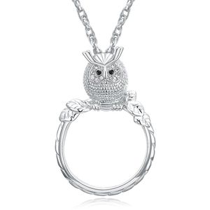 Collier loupe pour lire, mode femme, pendentif hibou, plaqué Rhodium avec cristal, collier loupe 300K