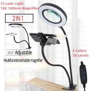 Lupas Lupa 10X con 72 luces LED Lámpara de aumento Clip en lupa iluminada Anillo de luz para selfies con soporte para teléfono Metal 231128