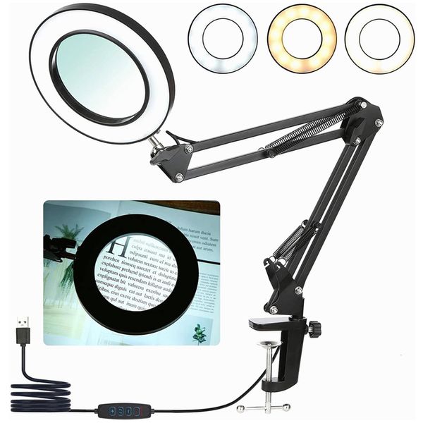 Loupes Lampe loupe 8X Bras pivotant réglable 64 LED lentille en verre loupe lumière 3 modes de couleur pour la lecture loisirs artisanat réparation 230912