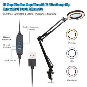 Loupes Loupe avec lumière et support Lampe de bureau LED Grossissement 8X 10 niveaux Luminosité réglable Lampe de bureau pliable à intensité variable 231128