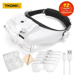 Loupes TKDMR USB rechargeable monté sur la tête binoculaire lunettes Loupe Loupe avec bandeau éclairé 3LED Loupe pour la lecture 231128