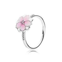 Magnolia Bloom Ring Authentiek 925 Sterling Silver Pale Cerise Email Pink Stone Originele doos Set voor Pandora Flower Rings For Women Girls