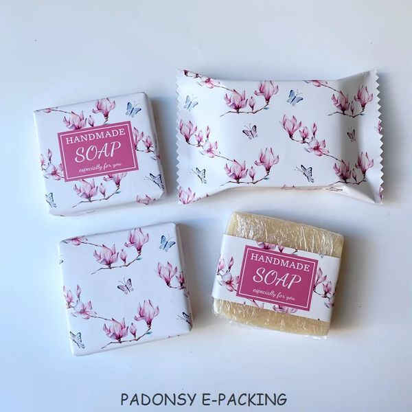 Papier d'emballage de savon fait main papillon Magnolia, cadeau rose écologique personnalisé 100 pièces 240226