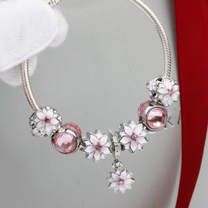 Magnolia Strands Bracelet 925 Silver Charm Accesorios Pulseras Peach Flower Pendant Bangle StrandsMagnoliaeflora Beads como regalo Diy Wedding Jewelry