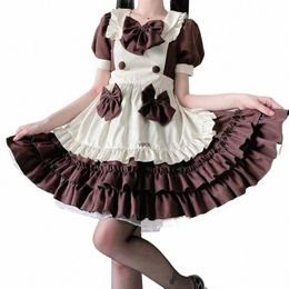 Maid Dr Woman Lovely Lolita Coffee Shop Trajes de mucama Uniformes de cosplay Japonés Maiddr Brown Bow Manga corta Cupcake Dr L8KV #