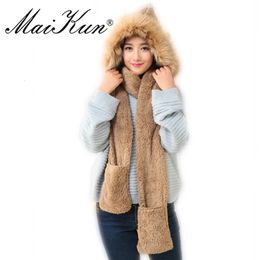 Maikun femmes hiver écharpe foulards femme chaud doux en peluche à capuche casquette chapeau foulards gants de poche 240103