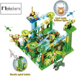 Mailackers Ideeën Marble Race Run met lichte elektrische doolhofbalbouwstenen Jurassic Dinosaur Park Jungle World Toys For Kids 220601