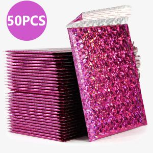 Mailleurs 50pcs Package de livraison Emballage Holographic Mail Emballage Sac Laser Pink Sacs d'expédition Enveloppe Bubble Small Business Supplies