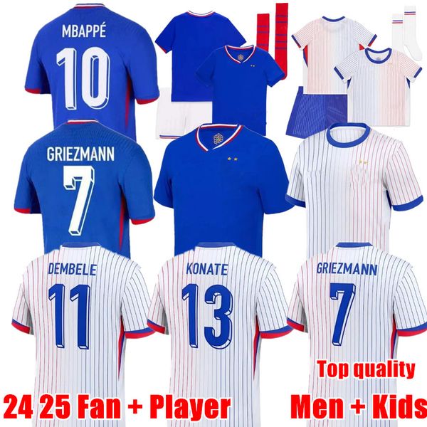 Maillots de football 2024 Français France Soccer Jersey Français Benzema 24 25 Francia MBAPPE GRIEZMANN Kante Maillot Foot Kit Enfants Set Football Shirts HOMMES enfants kit