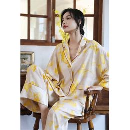 Maison Gabrielle Fall Floral Printed Pyjamas Set Loungewear Sleepwear voor vrouwen 2 stuks lange mouw brede been pyjama 211215