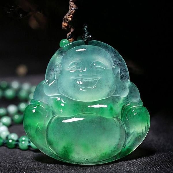 Maitreya bouddha statue sculpté jade pendentif naturel chinois blanc vert jade sourire collier bijoux 264q