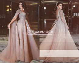 Major Beading Blush Pink Crystals 2019 A Line Prom Dresses Dubai Arabisch formeel Custom gemaakt met wrap Vestidos de Fiesta Evening PA7267401