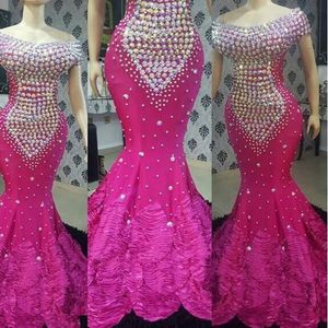 Grote kralen fuchsia prom dresses lange off the shoulder kristallen Afrikaanse zeemeermin avondjurken tellen trein kralen luxe vrouwen feestjurk