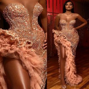 Major Kralen Mermaid Prom Dresses Sexy Sweetheart Crystals Dij Hoge Slits Celebrity Avondjurk Tiered Ruches ROBES DE SOIRÉE