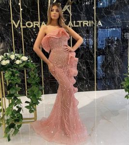 Major Kralen Mermaid Prom Jurken Strapless Ruffles See Through Sexy Avondjurk Formele Yong Meisjes Celebrity Feestjurken Vestidos