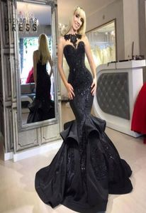 Hoofdvak kralen zwarte prom -jurken sexy zeemeermin batau -halslijn geapplaqueerde pailletten ruches lange avondfeestjurken ba76547864538
