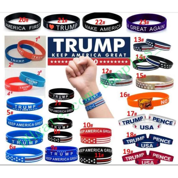 Hacer excelentes 23 estilos Trump America Again Letter Silicone Rubber Trump Suppensadores de pulseras Pulseras de baloncesto de la pulsera