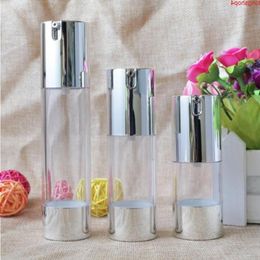 Maquillaje Airless Pump Bottle 15ml 30ml 50ml Silver Cosmetic Liquid Cream Container Loción Botellas de esencia para viajes 100pcs SN142goods Eliri