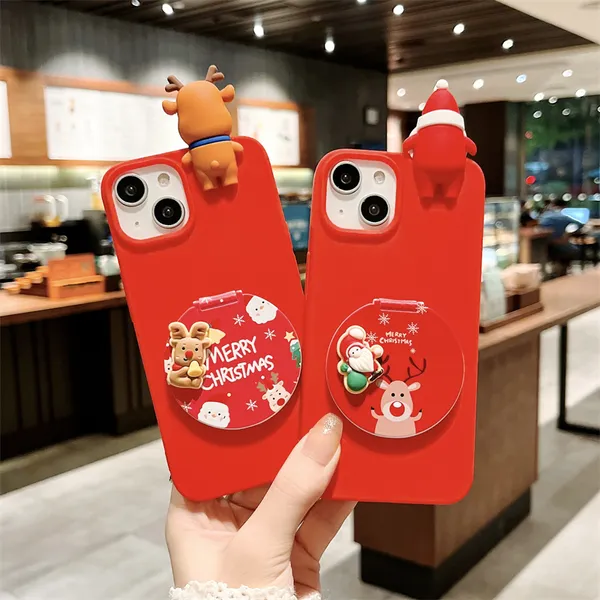 Fundas con soporte de espejo de maquillaje para iPhone, 13, 12, 11, 14 Pro MAX, XS, XR, 8, 7 Plus, Mini muñeca 3D, dibujos animados, Navidad, Papá Noel, cubierta para regalo