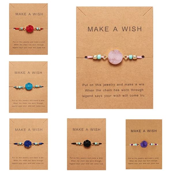 Pulsera de hilo rojo de la suerte tejida a mano con tarjeta de papel Make Wish, pulsera de piedras naturales Multicolor para mujer, joyería de amistad