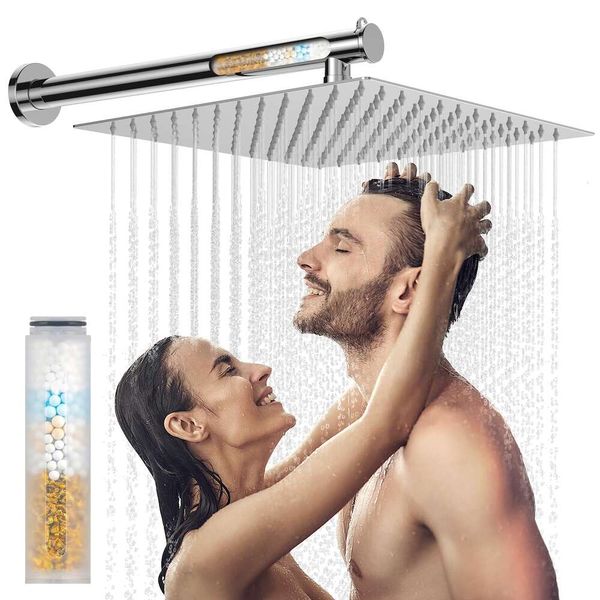 Makefit Brazo de extensión de filtro totalmente metálico, cabezal de alta presión de 30,48 cm, brazo de 40,64 cm con filtro de agua dura, cabezal de ducha en cascada cuadrado grande de acero inoxidable