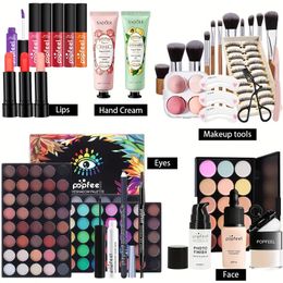 Coffret de maquillage, coffret cadeau cosmétique fard à paupières eye-liner stylo à sourcils rouge à lèvres brillant à lèvres apprêt fond de teint poudre libre et pinceaux assortis et éponge bouffée gamme complète