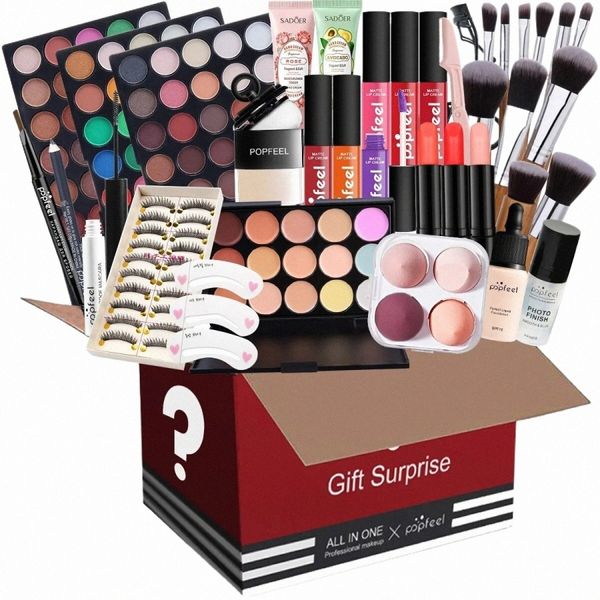 Conjunto de caja de maquillaje, caja de regalo cosmética Sombra de ojos Delineador de ojos Pluma de cejas Lápiz labial Brillo de labios Primer Foundati Polvos sueltos Cepillos Puff Q9mK #