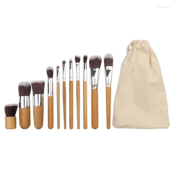 Ensemble de pinceaux de maquillage, 11 pièces, manche en bambou naturel, mélange de fond de teint écologique, outil de maquillage cosmétique avec sac en lin